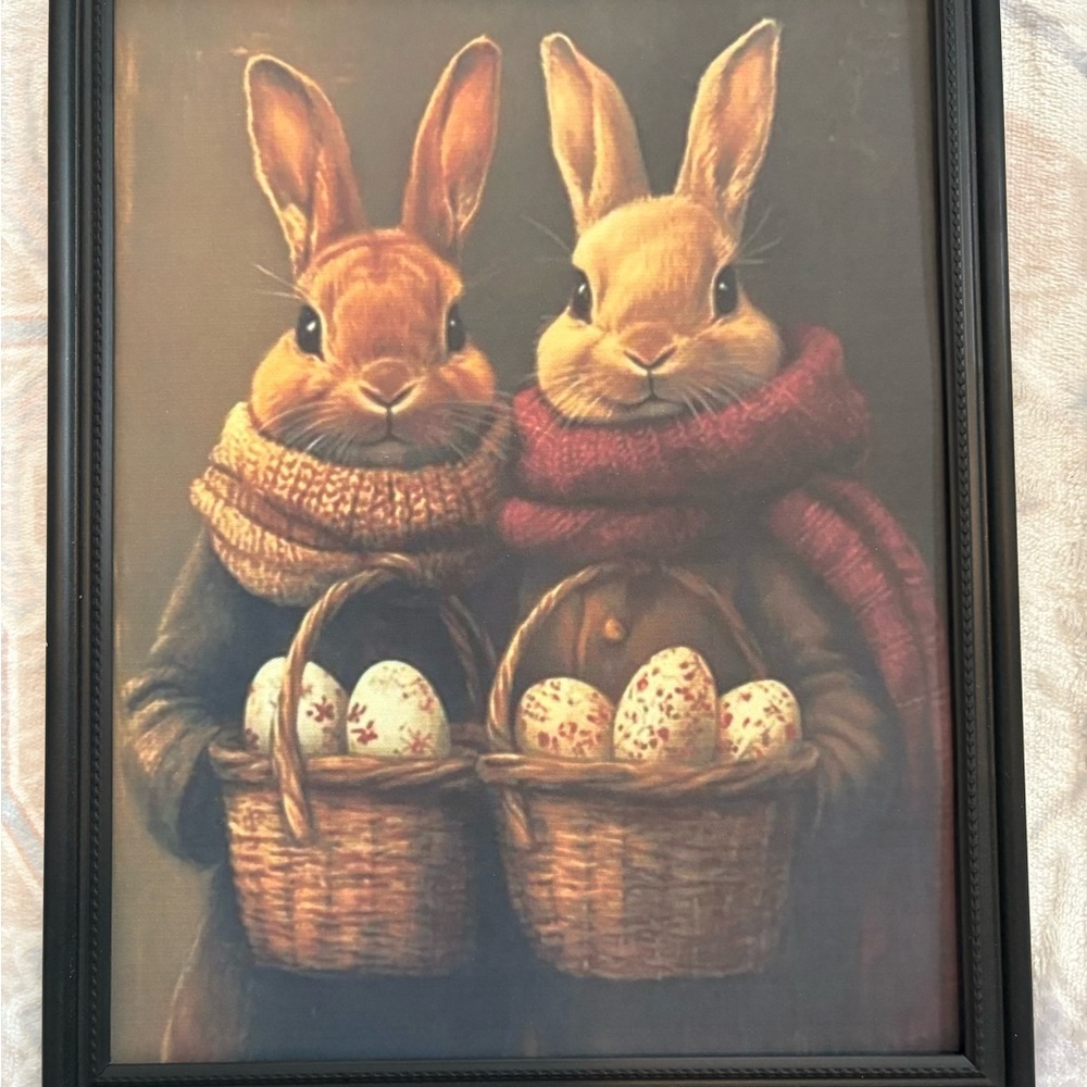 Charming Rabbit with Baskets Framed 8x10” Art Print